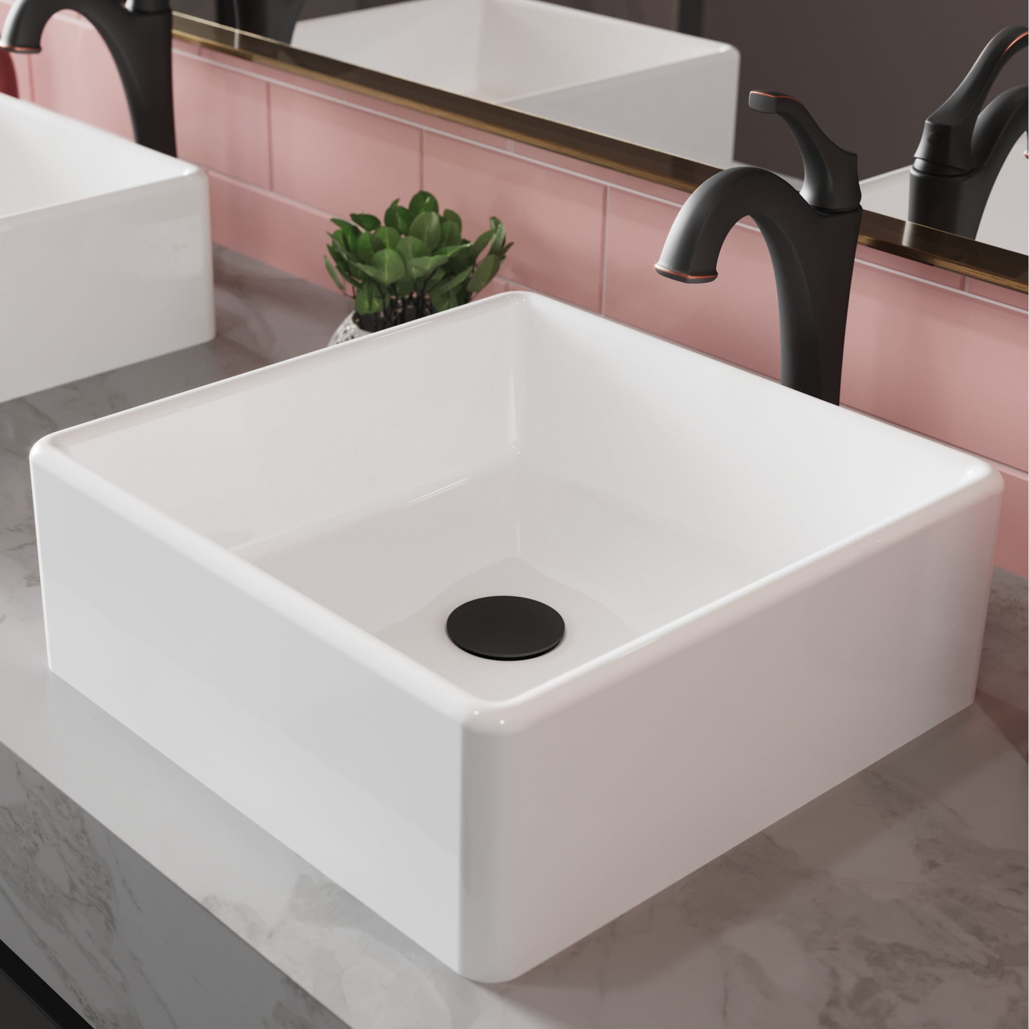 KRAUS Elavo 15-inch Square White Porcelain Ceramic Bathroom Vessel Sink and Arlo Faucet Combo Set with Pop-Up Drain, Oil Rubbed Bronze Finish