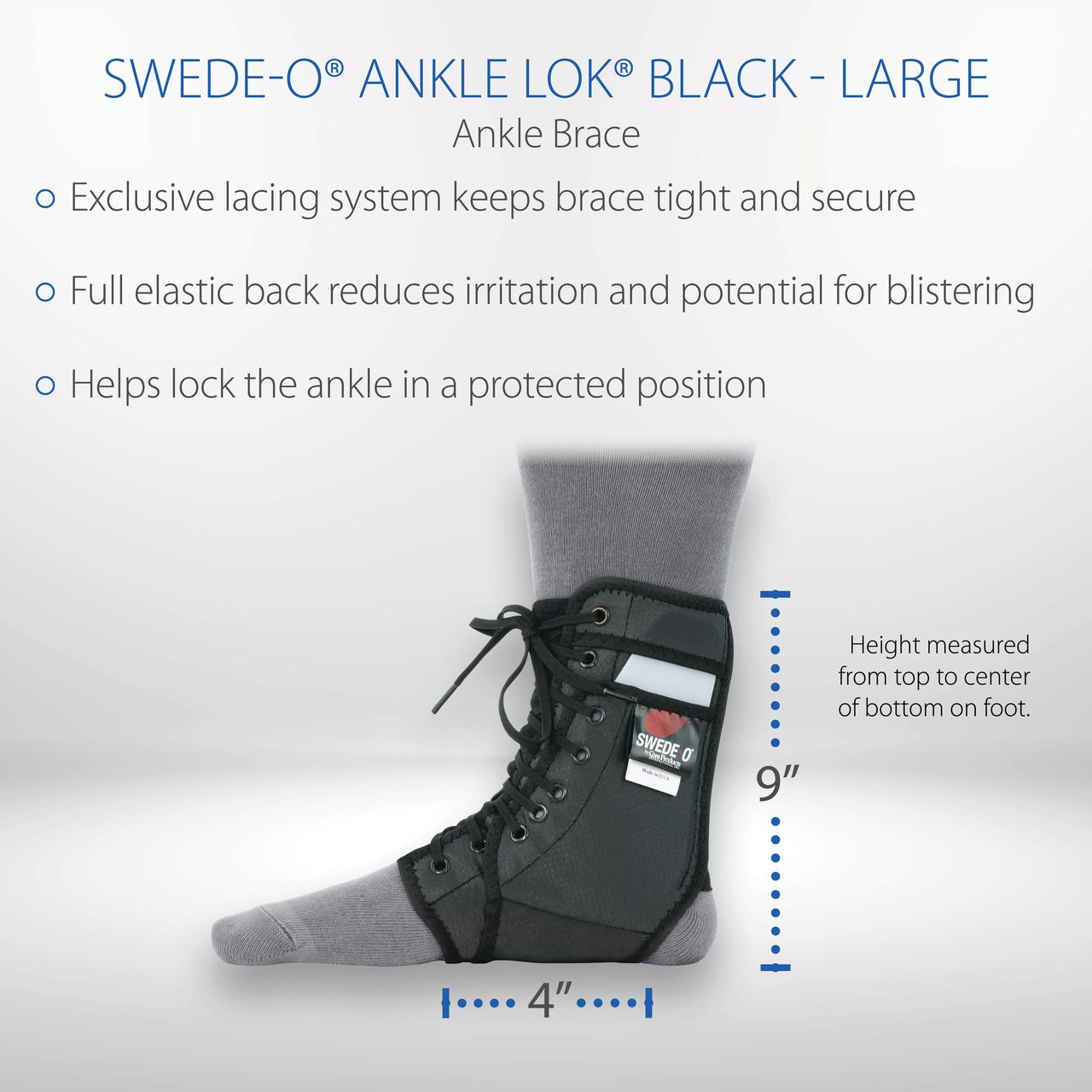 Swede-O Ankle Lok Reinforced Laced Ankle Brace with Stays, High Support for Sports, Black, Large
