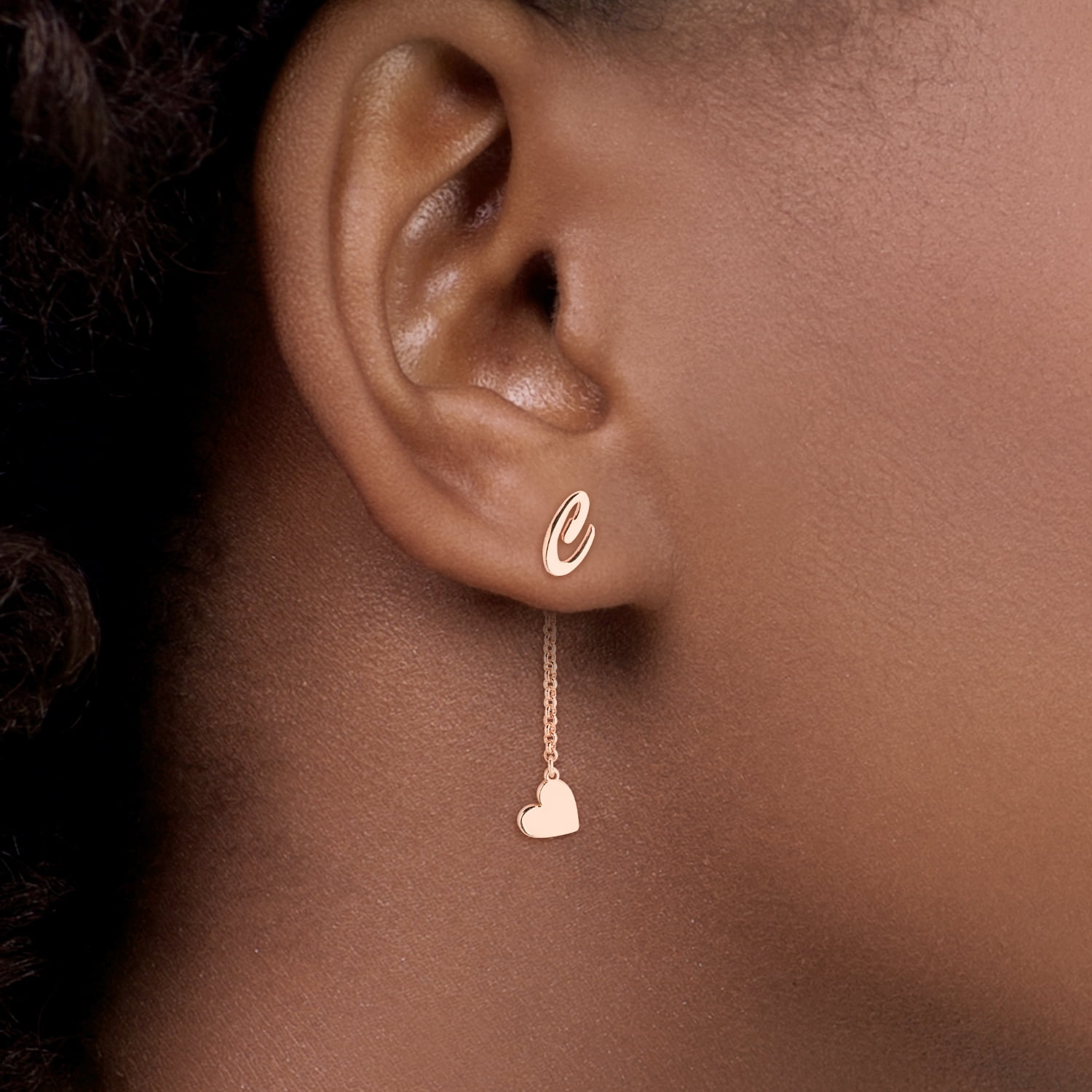 Personalized Planet Women's Script Initial Earring with Heart Dangle Button Drop Earrings