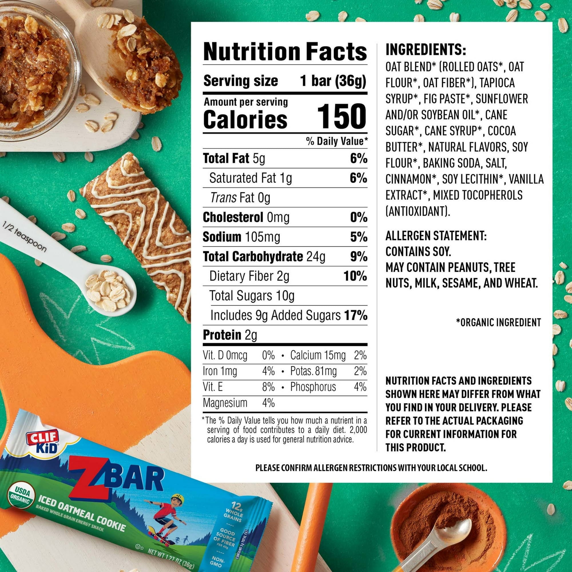 3 Pack Of CLIF Kid Zbar Iced Oatmeal Cookie Soft Baked Organic Granola Bars, 6ct Box – Wholesome Snack Bars with Delicious Iced Oatmeal Cookie Flavor, With Olive Green Bowl By ValueNest