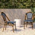 thumbnail image 6 of BizChair Set of 2 Indoor/Outdoor Commercial Bistro Stacking Chairs, Navy/White PE Rattan Back and Seat, Bamboo Print Aluminum Frame in Natural, 6 of 12
