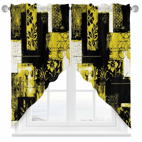 Swag Curtain Valances Yellow Black Floral Leaves Swag Valances for Kitchen Windows Boho Plaid Collage Short Topper Curtains Valance Tier Pair for Kitchen Bedroom Living Room Bathroom 28"x36"