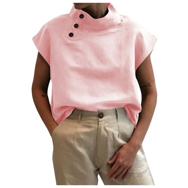Camisa de algodón holgada informal de manga corta con botones abiertos informales de manga corta para mujer OAVQHLG3B Store lin121212