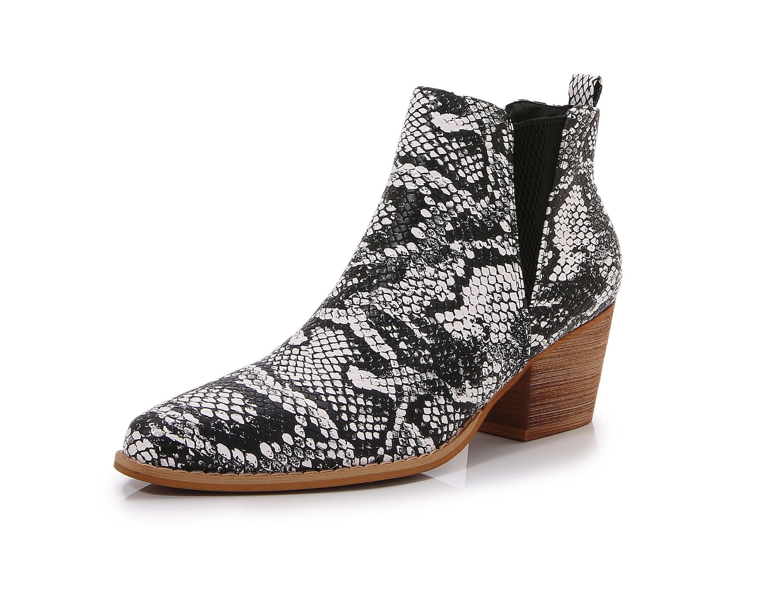 Wooden Heel Short Chelsea Ankle Boots (White Snake Skin, 11)