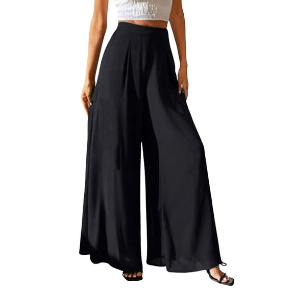 Qgtaibl Women's Flowy Wide Leg Pants High Waist Lightweight Palazzo Trousers Casual Loose Fit Chiffon Pants for Vacation & Daily Wear Black XXL