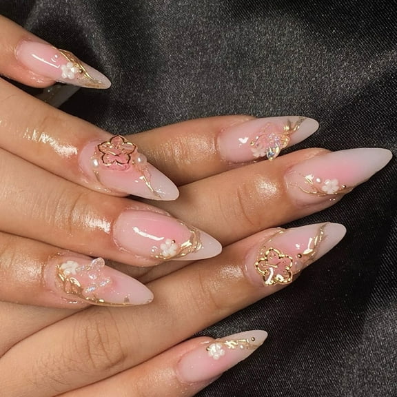 24pcs Almond Press on Nails Short False Nails with Flower Designs Glossy Stick on Nails Full Covers Acrylic Nails