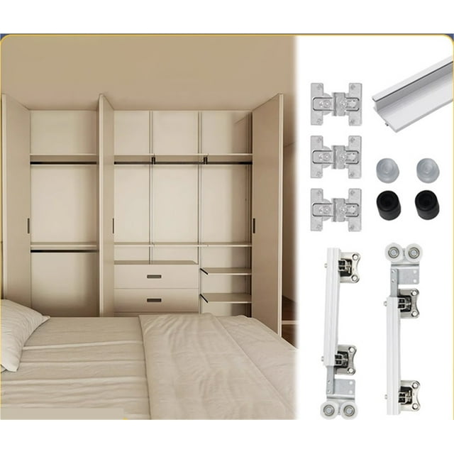 Metal Folding Sliding Door Overhead Track No Bottom Rail Hanging Pulley Hardware For Cabinet Wardrobe Closet ,Easy Install