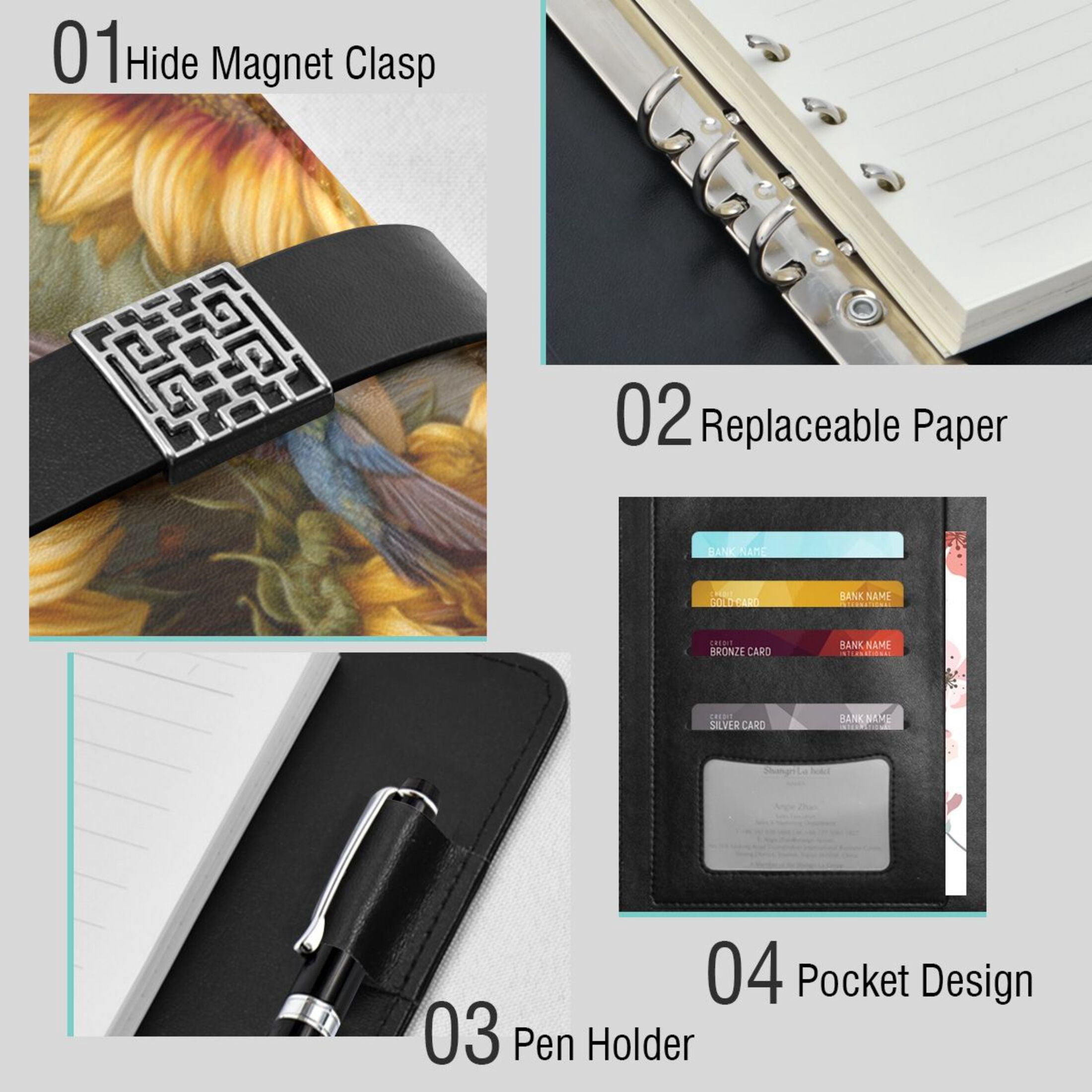 Leather Planner Leather Notebook Notebook Journal Binder Design Pen Pocket Design Convenient for Storage Three Sunflowers Pattern