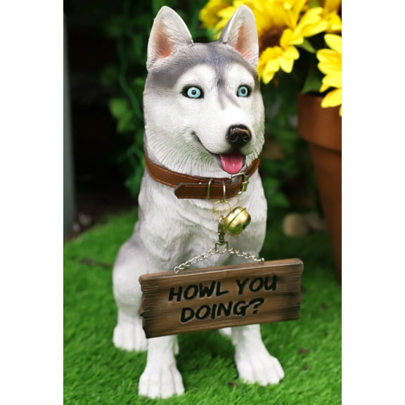 Ebros Lifelike Pet Pal Siberian Husky Sled Dog Statue 13"H W/ Jingle Collar Sign