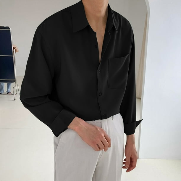 pstuiky camisa de manga larga para hombre, Camisa informal y moderna de manga larga con solapa y botones en color liso para hombre salir tops m