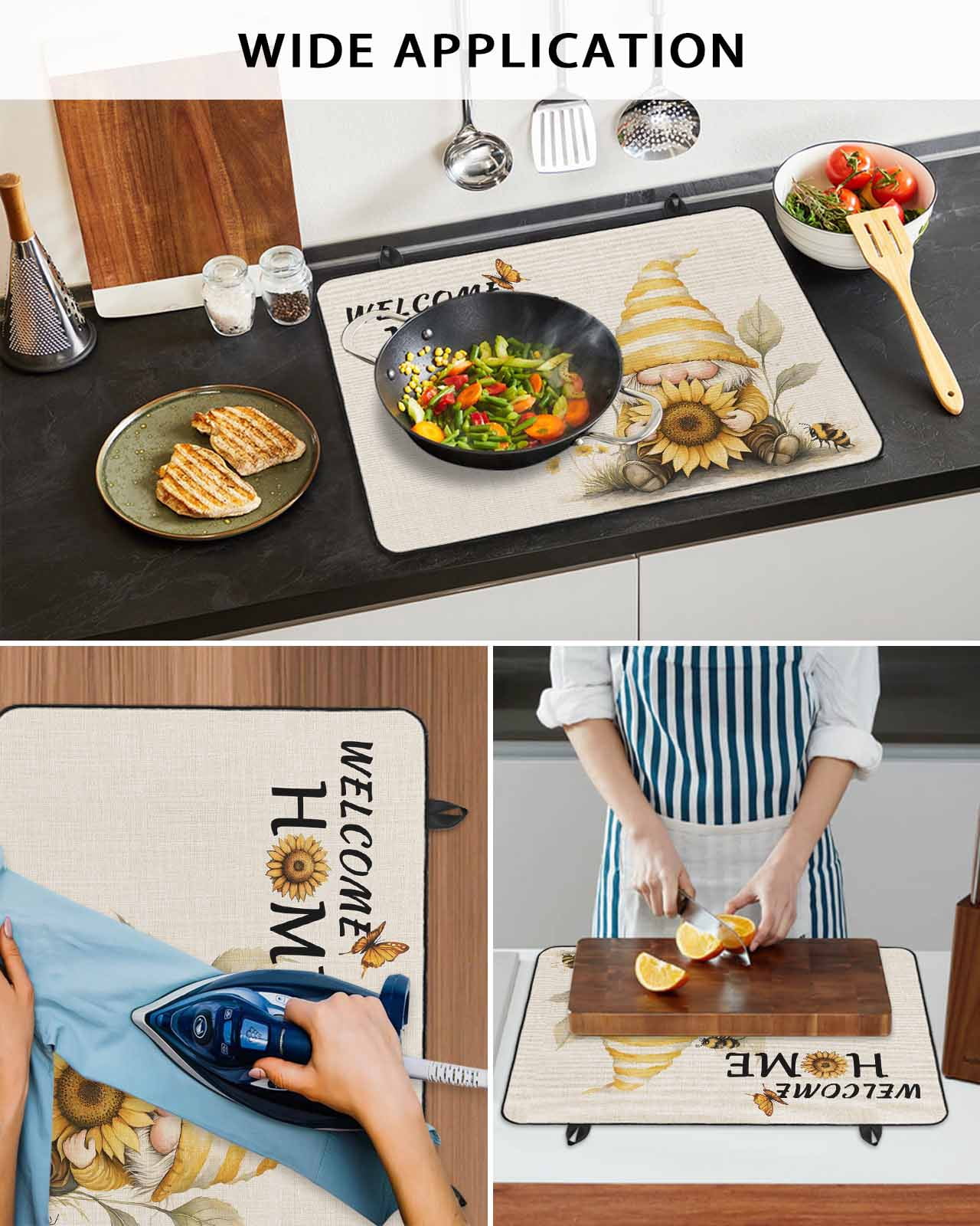 nqOlkjepod Large Induction Cooktop Protector Mat 28.5"x20.5", Yellow Sunflower Stove Top Covers for Electric Stove, Gnomes Bee Vintage Beige Texture Stove Burner Cover Mats, Glass Top Stove Cover