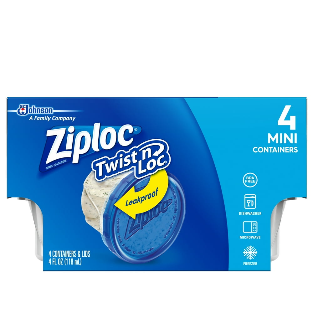 Ziploc 4 CT Mini Round Twist 'N Loc Container, 4 oz. Each, Leakproof Seal Plastic Storage