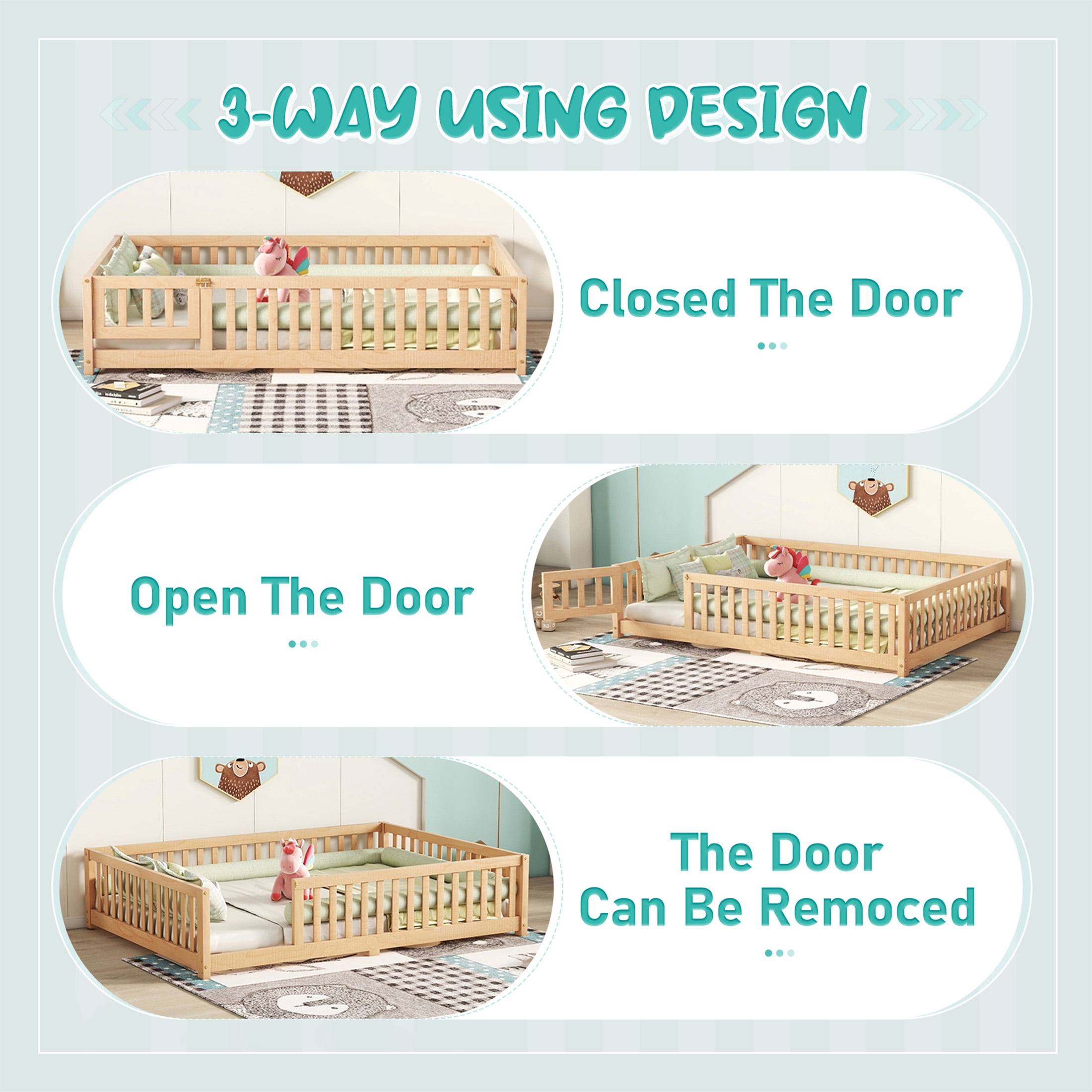 Aukfa Full Size Floor Bed for Kids Children, Wood Montessori Bed Frame with Safety Guardrails and Door, Natural
