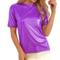 thumbnail image 4 of Rhuody Women's Tops Shiny Glossy Solid Color Turtleneck Short Sleeve Tee Shirt T Shirt Retro Wear Purple S, 4 of 9