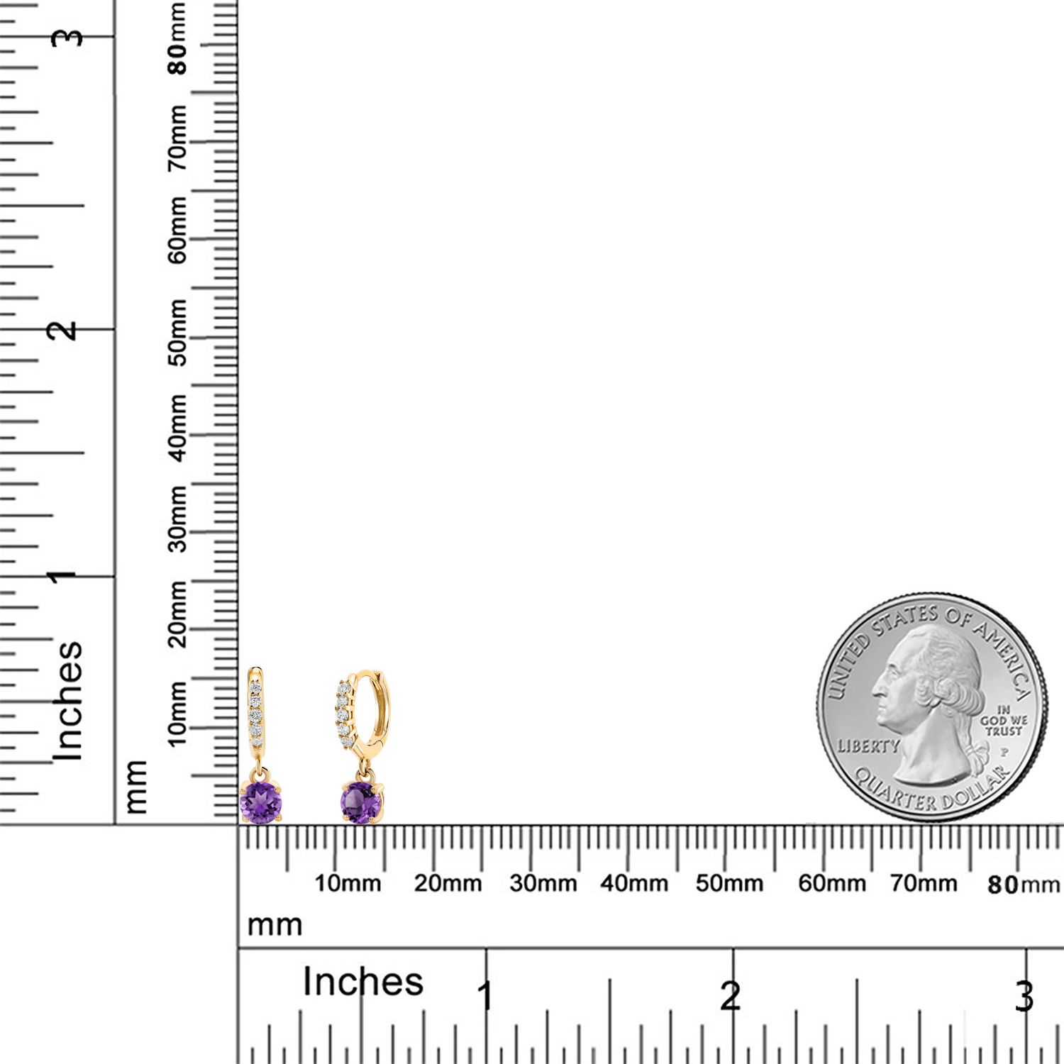 Gem Stone King 10K Yellow Gold Purple Amethyst and White Lab Grown Diamond Dangle Drop Huggie Hoop Earrings for Women (0.60 Cttw, Gemstone February Birthstone, Round 4MM)