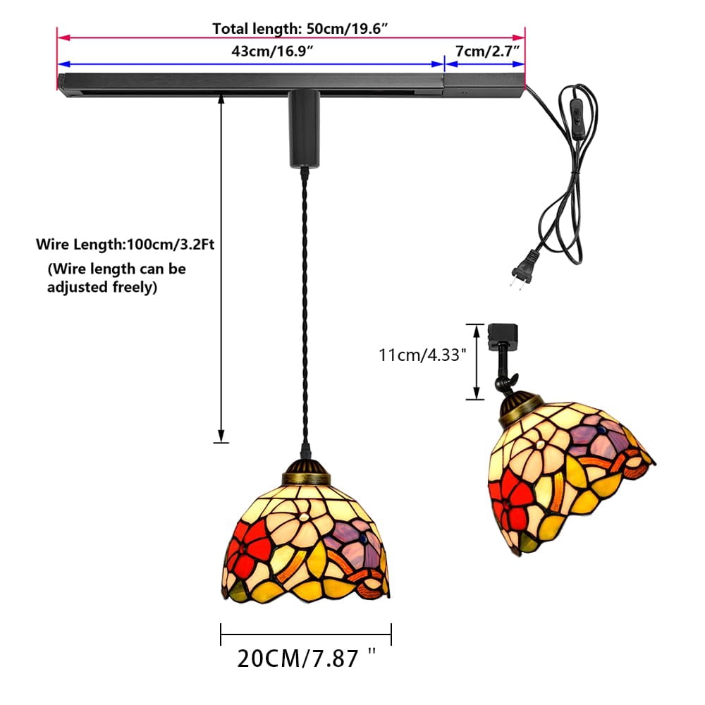 KAYYELAMP 1x Plug in Cable Track Rail, 1X Adjustable Cord, 1x Adjustable Angle Morning Glory Handmade Colorful Glass H-Type Tiffany Track Lighting Fixture for Kitchen Loft(No Bulb)