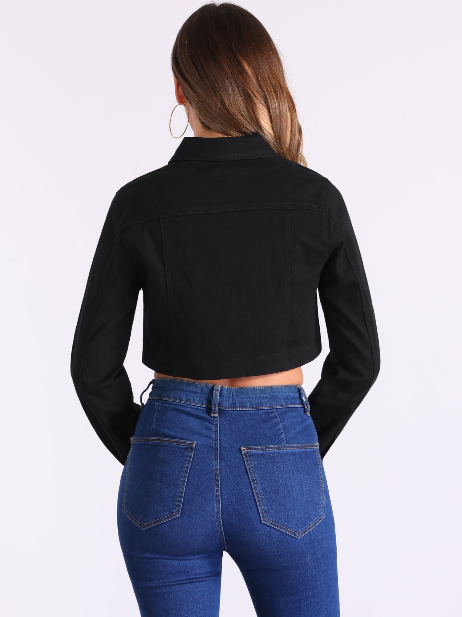 DARING DIVA Women's Denim Jacket Collared Long Sleeve Crop Jean Jackets L Black