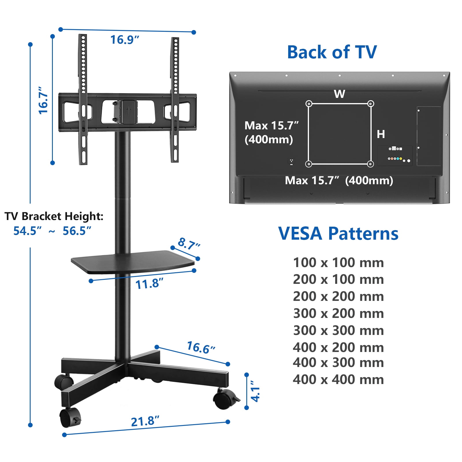 RTVR Modern Rolling TV Stand Mobile TV Cart for 32 to 65 inch Flat Panel Screens, Swivel Black