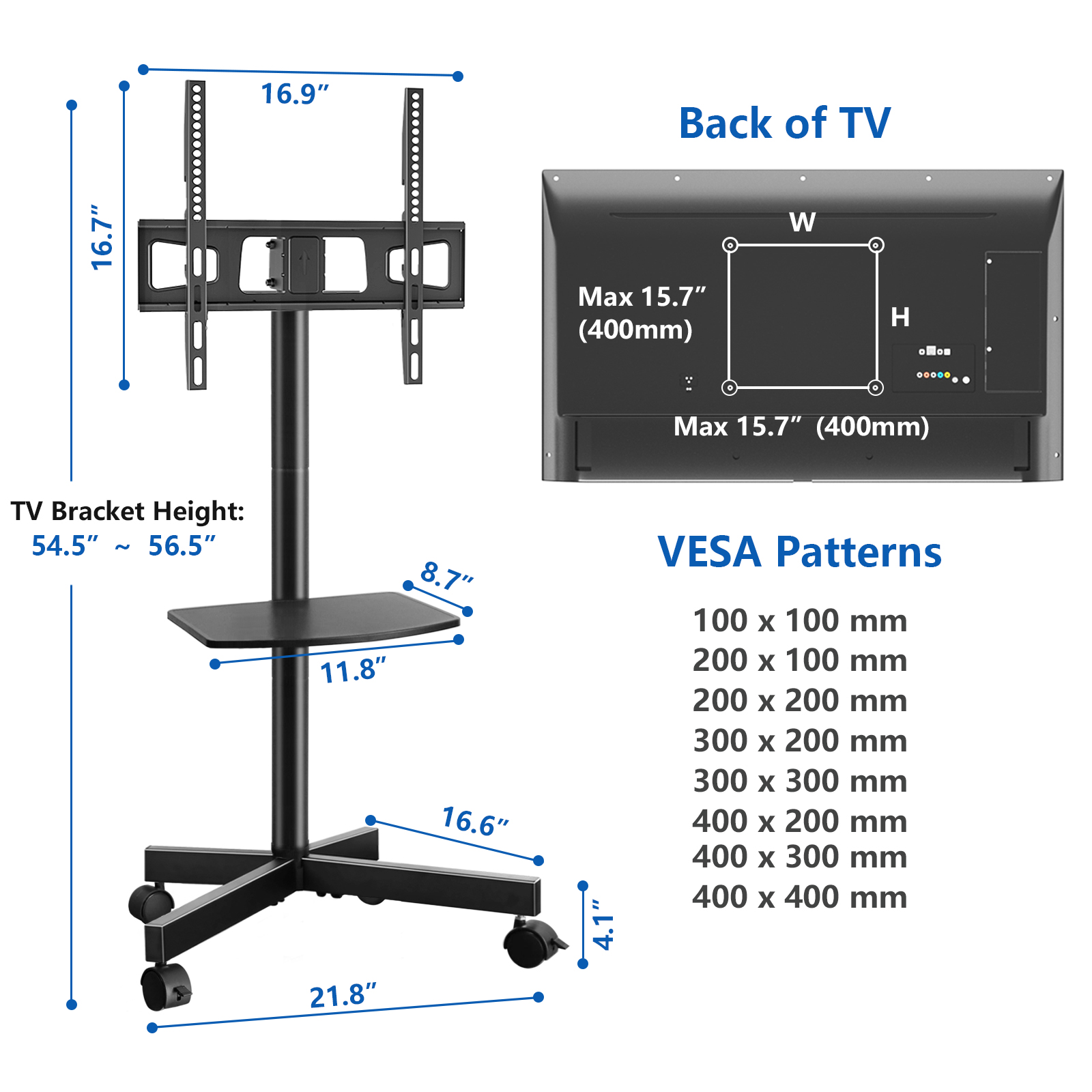 RTVR Modern Rolling TV Stand Mobile Cart for TVs 32-65" photo 2