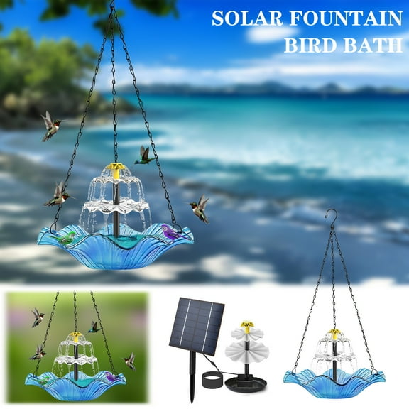 TOPRenddon Hanging Solar Bird Bath Fountain, 11 inch Diameter Durable Blue Metal Bird Bath Bowl with Solar Powered Pump & 4 Water Spray Nozzles for Outdoor Garden Backyard Patio Lawn