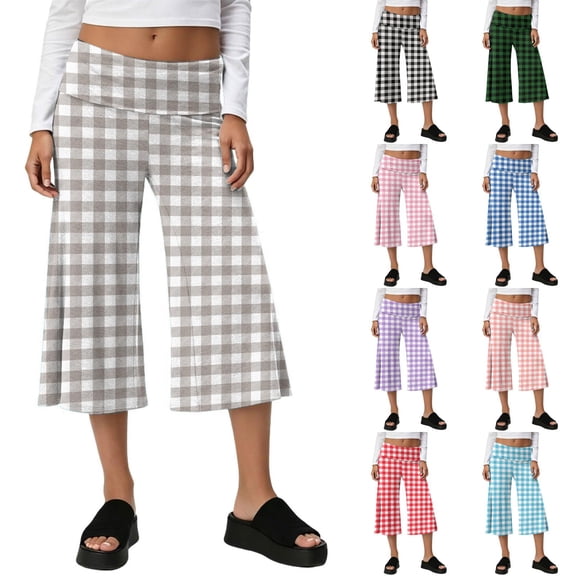Fold Over Capri Yoga Pants for Women Low Rise Wide Leg Cropped Gaucho Capri Pants Summer Plaid Culottes Beach Bottoms Gray S