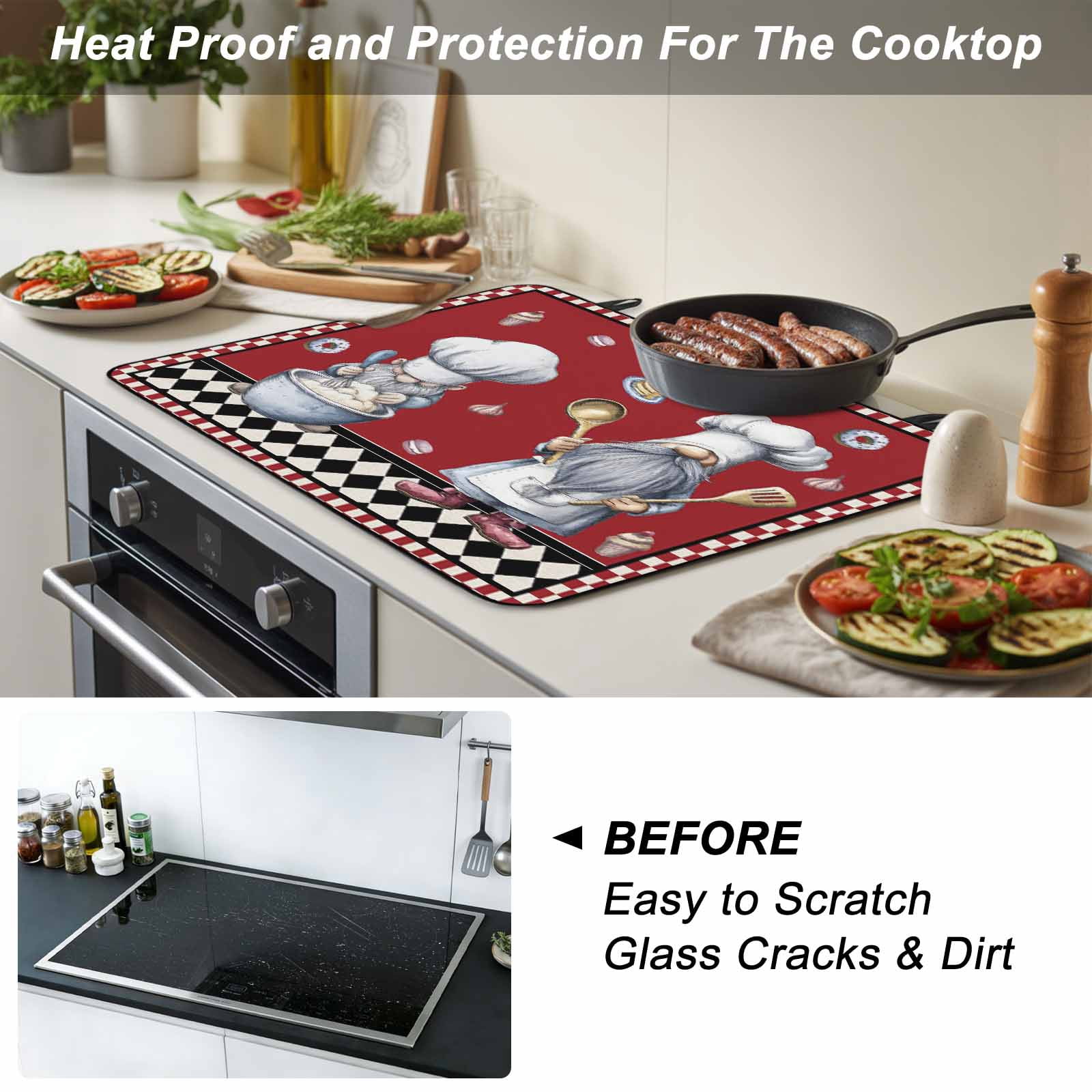 Red Vintage Gnomes Stove Top Cover for Electric Stove, Heat-proof & Non Slip Glass Top Stove Cover Protector, Black Checkered Retro Art Kitchen Flat Cooktop Rubber Mat 24x21 Inches