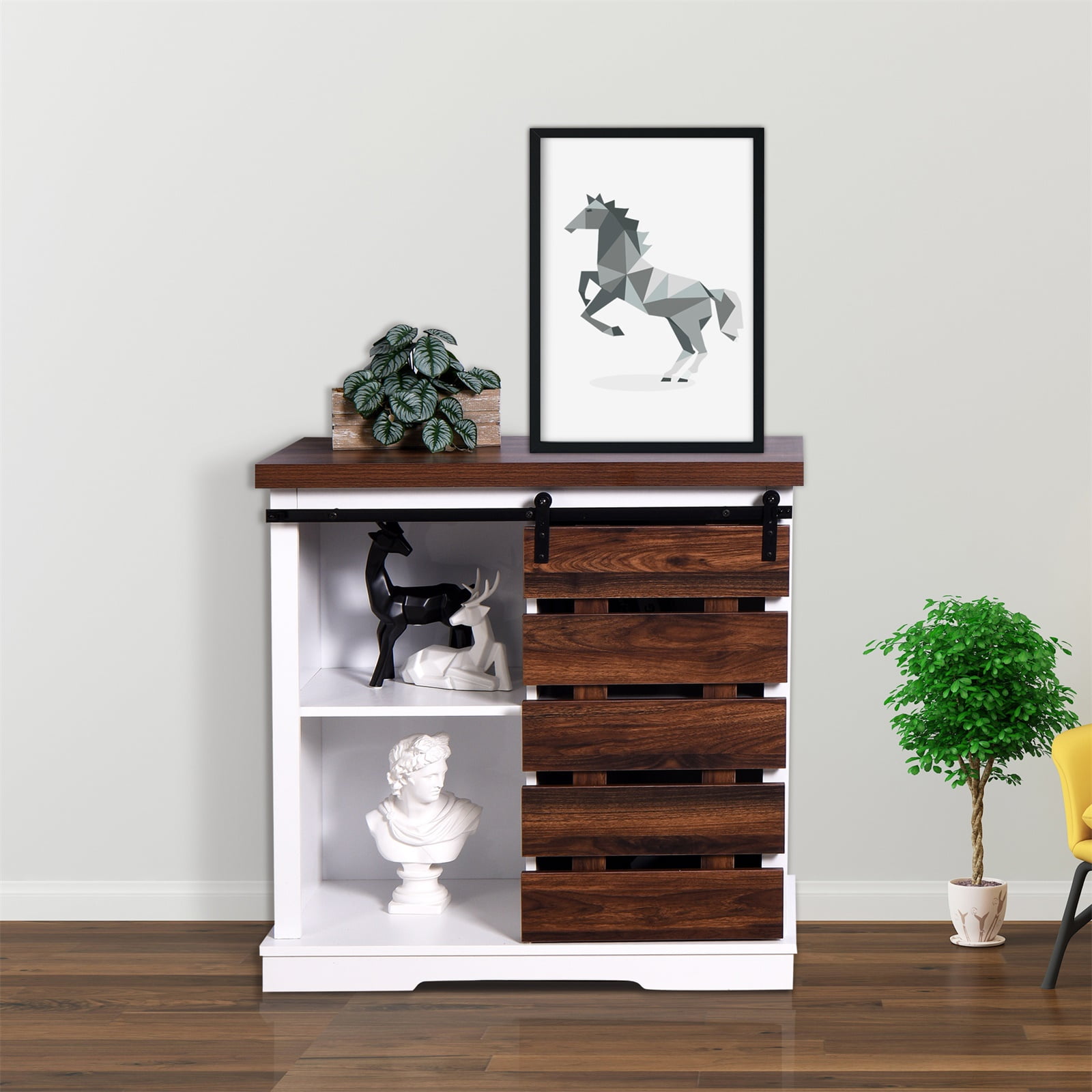 Wooden Storage Cabinet with Barn Door, Living Room Console Shelves Table, White Wooden Storage Cabinet with Barn Door, Living Room Console Shelves Table, White