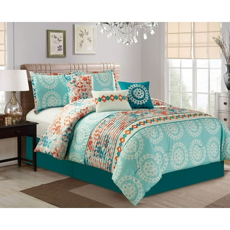 7 Piece Medallion Teal Coral Comforter Set Walmart Com
