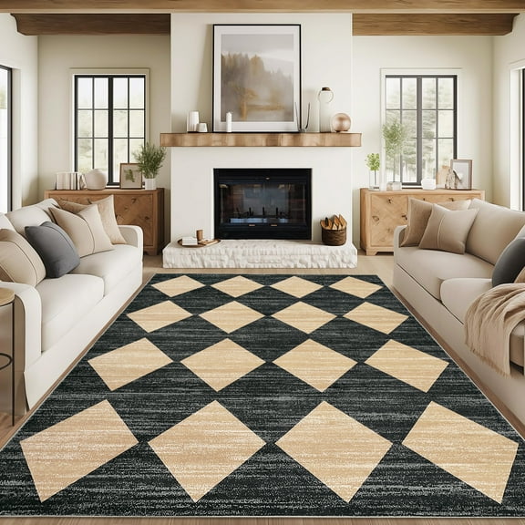 FairOnly 8'x10'Diamond Pattern Low Pile Stain Resistant Area Rug Modern Geometric Washable Rugs for Bedroom Livingroom,Black Camel