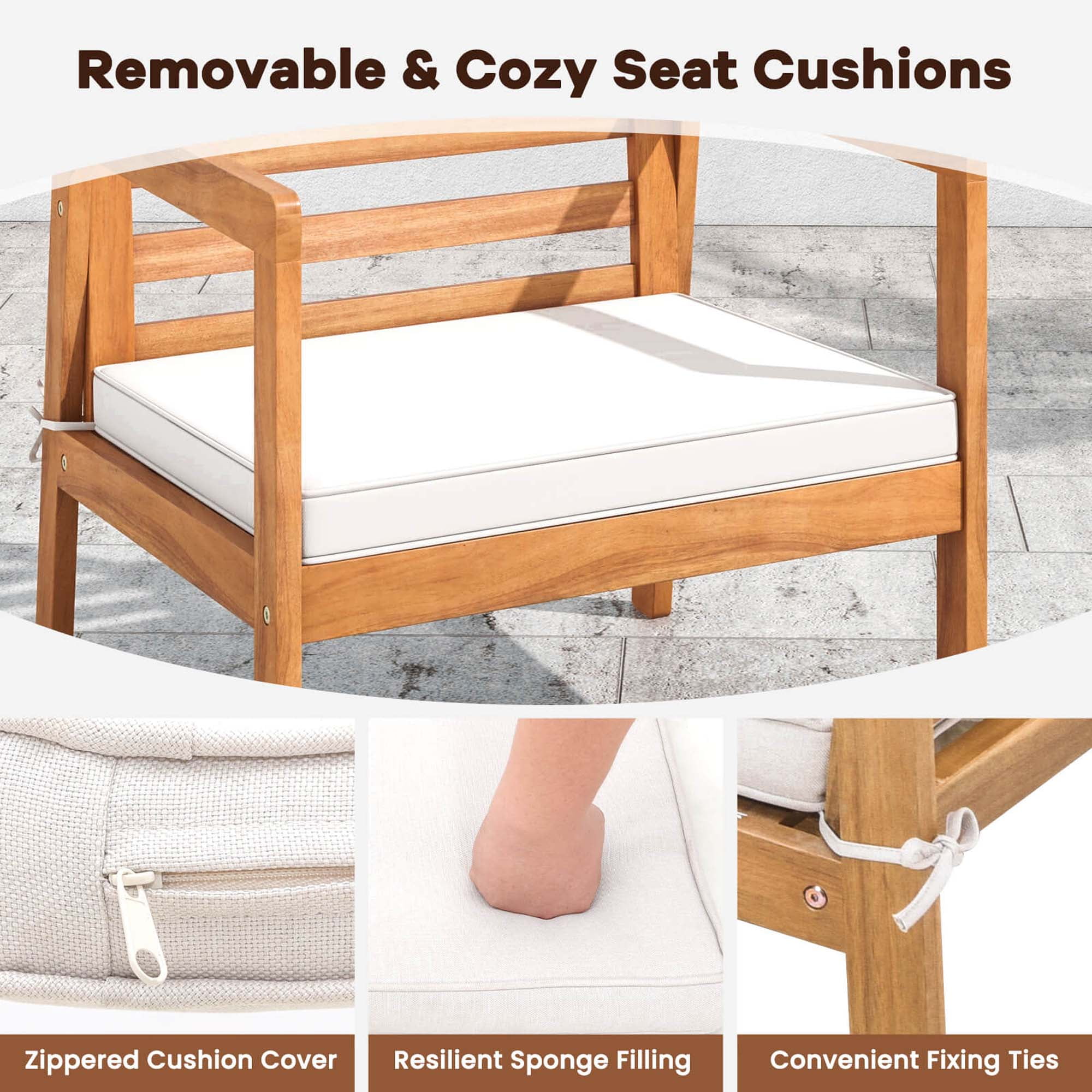Costway 4 PCS Wood Patio Furniture Set with Soft Seat Cushions Solid Acacia Wood Frame