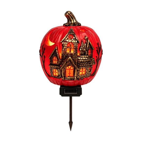 Solar Haunted House Pumpkin Garden Stake Light, Outdoor Halloween Yard Lawn Flower Bed Pathway and Porch Decor