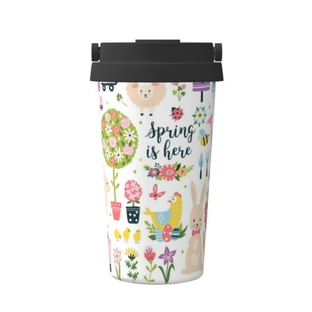 

Xecao Spring Flowers Birds Pattern Insulated Coffee Mug with Handle & Flip Thermos Mug Water Bottle Coffee Tumbler Cup