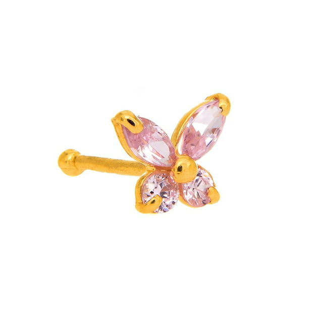 14K Solid Yellow Gold Pink Cz Butterfly Nose Ring - 0.5mm 24 Gauge 
