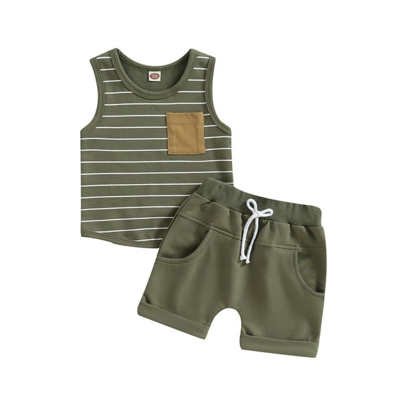 Bagilaanoe 2-Piece Toddler Baby Boy Short Pants Set, Sleeveless Striped Print Tank Top & Shorts, Green