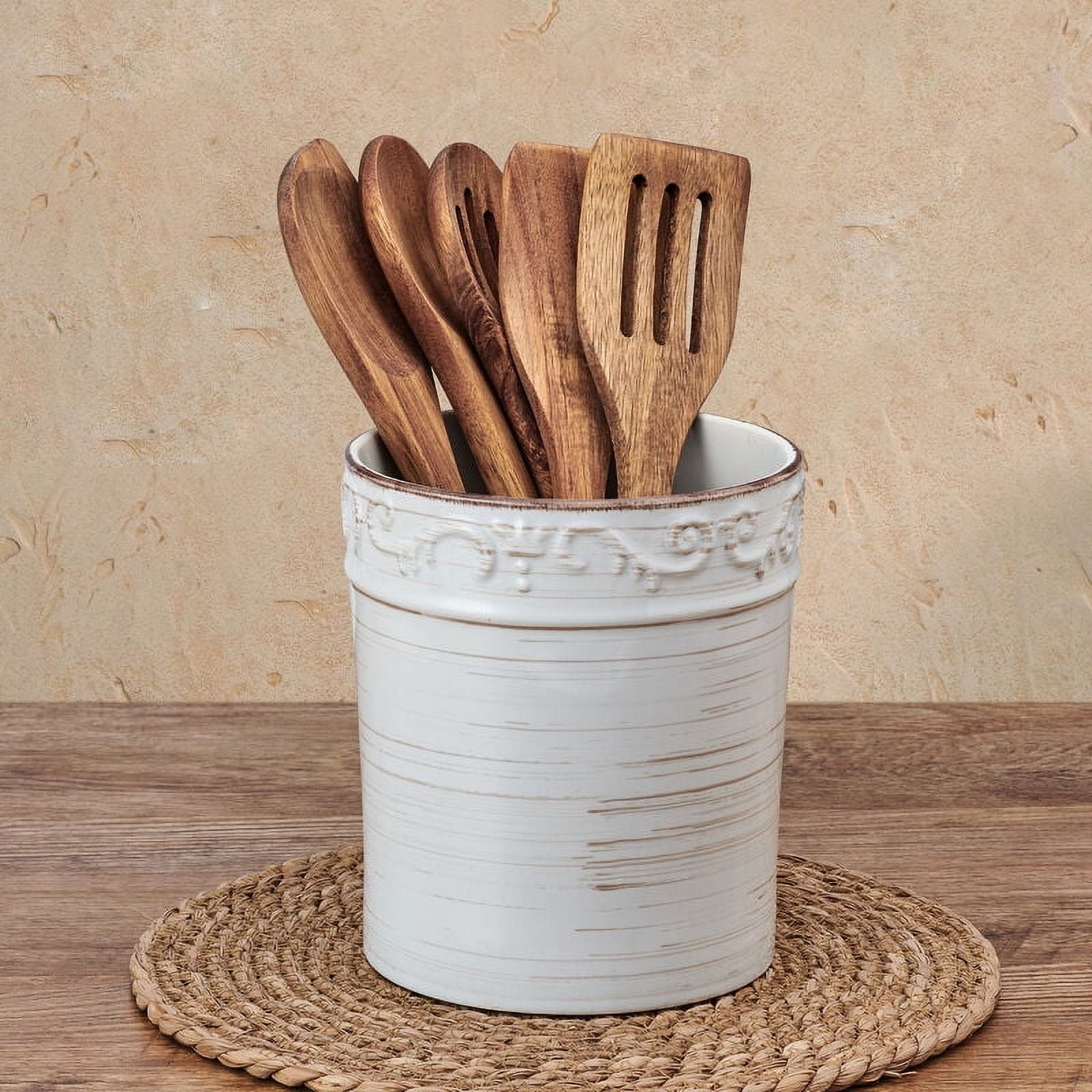 Pfaltzgraff Trellis Utensil Stoneware Crock with Tools White