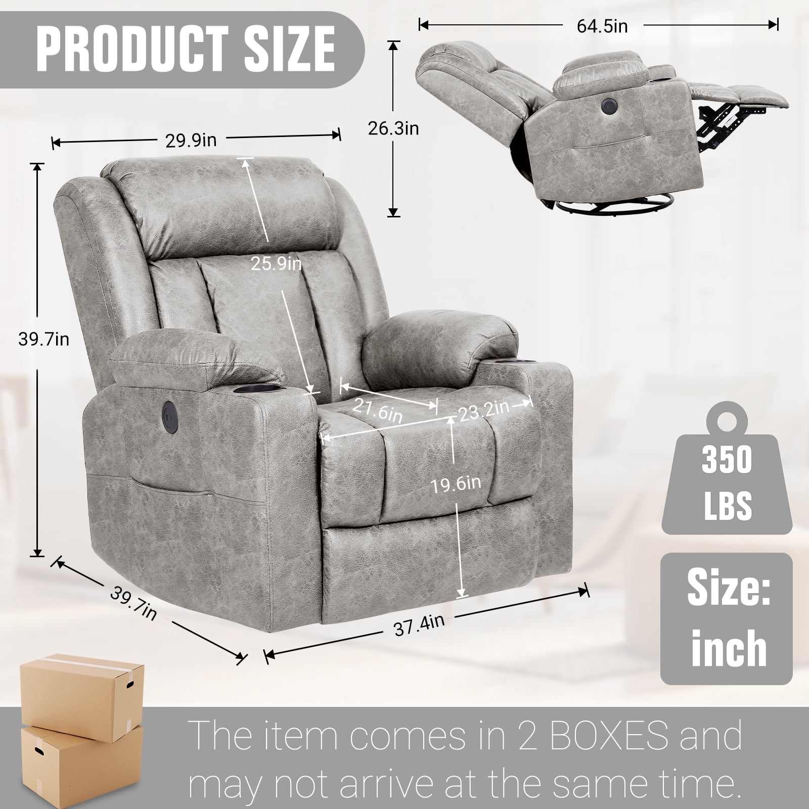 LAFWELL Rocking Recliner Chair - 360° Swivel with Vibration Massage & Heat, Grey - Ideal for Living Room, Bedroom, Nursery, RV