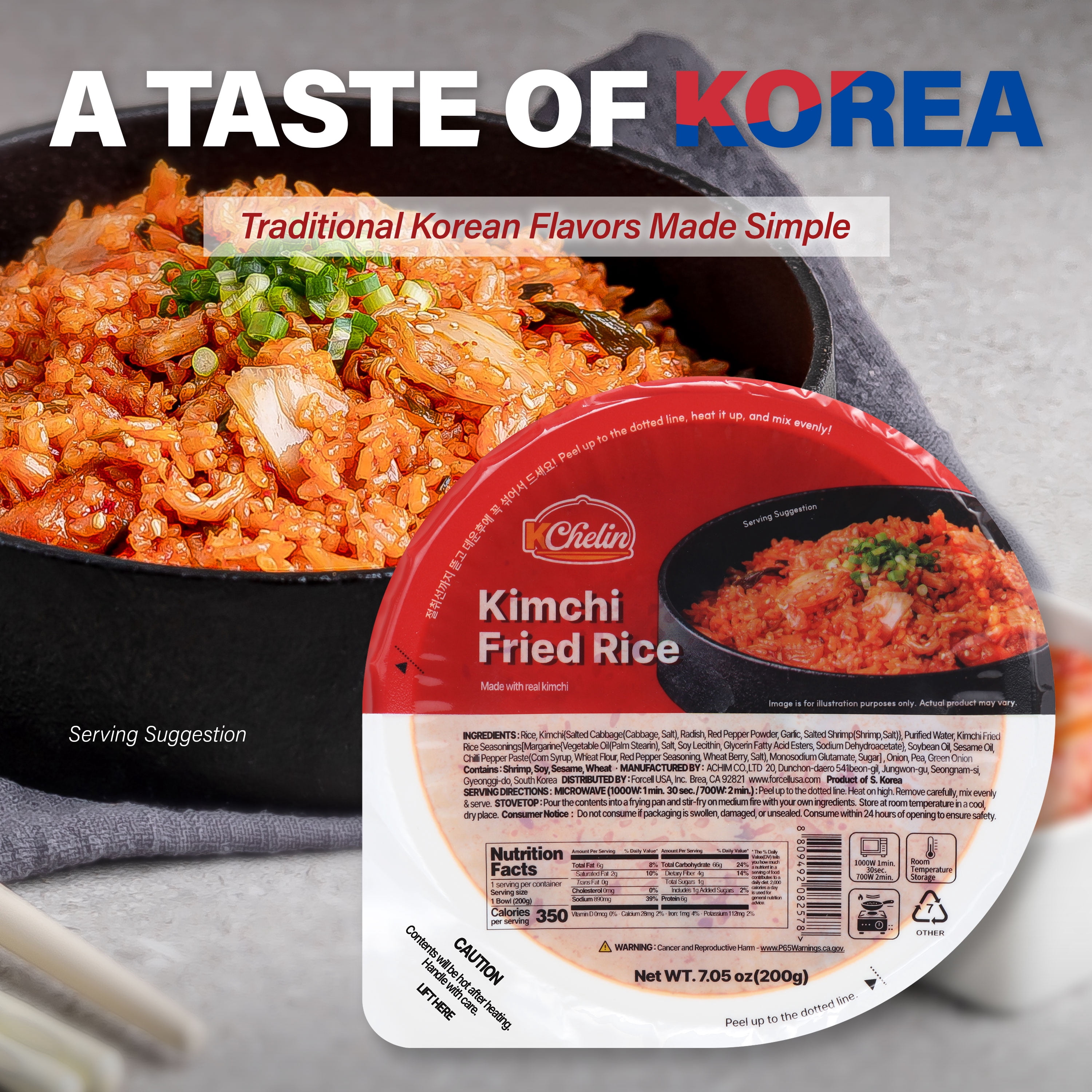 [KCHELIN] Microwaveable Kimchi Fried Rice (Pack of 6), Korean Food, Shelf- Stable, On- the- Go Meals, 7.05 oz per Bowl