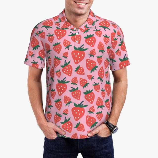Fotbe Cartoon Strawberry Pattern Men’s Golf Polo Shirt – Breathable Performance Golf Shirt with Button-Down Collar-XX-Large
