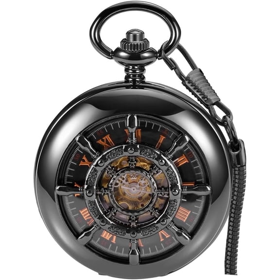 Men's Mechanical Holoow Design Hand Wind Pocket Watch Roman Numerals Steampunk with Chain Box