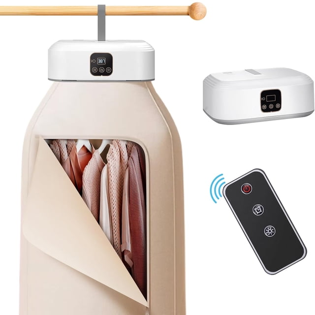 Secadora de ropa portatil, práctica mini secadora de ropa electrica con control remoto, bolsa de secadora/1-8 horas de temporización/ajuste de 2 velocidades, plegable