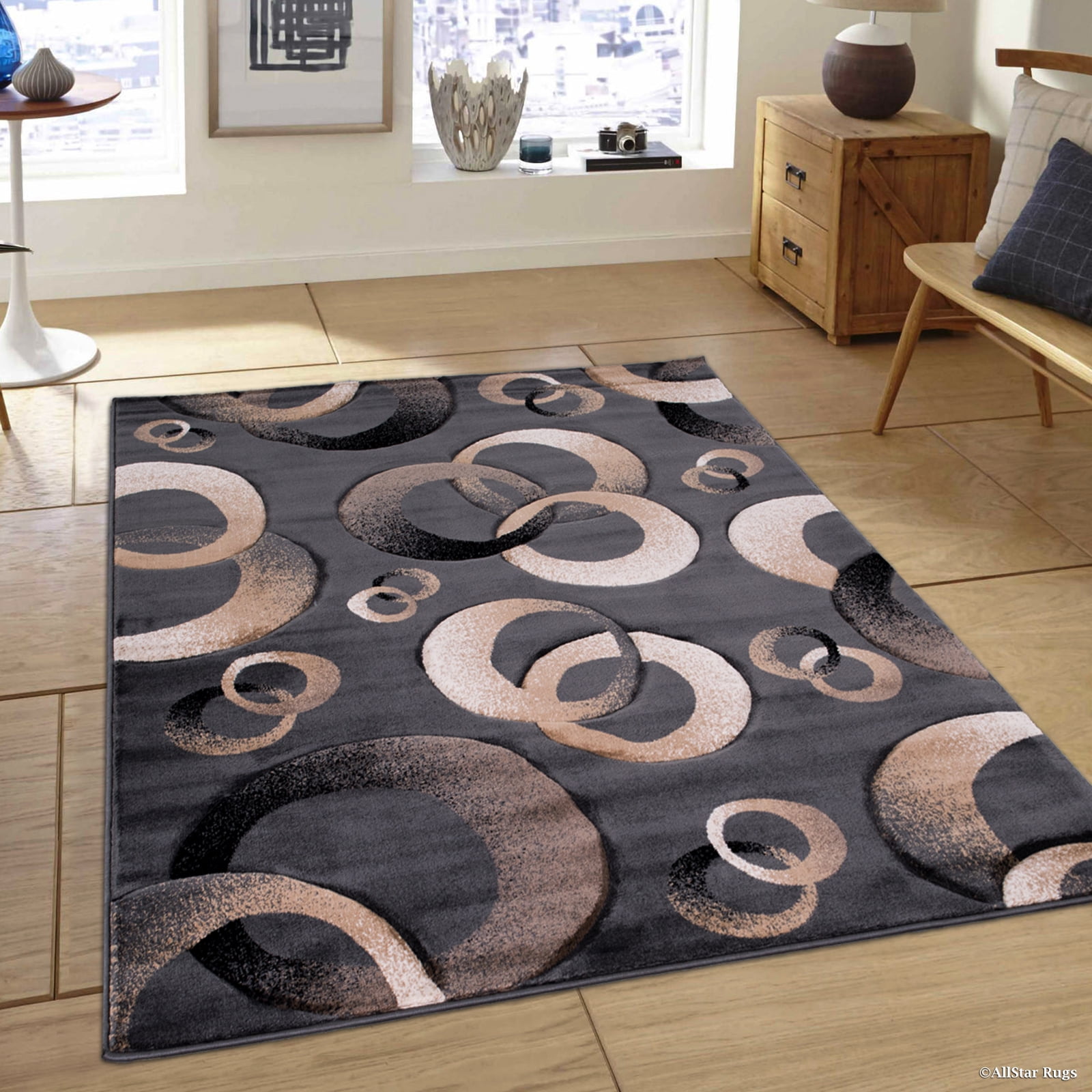 Allstar Charcoal Woven Hand Carved Contemporary. Modern Circles Area ...