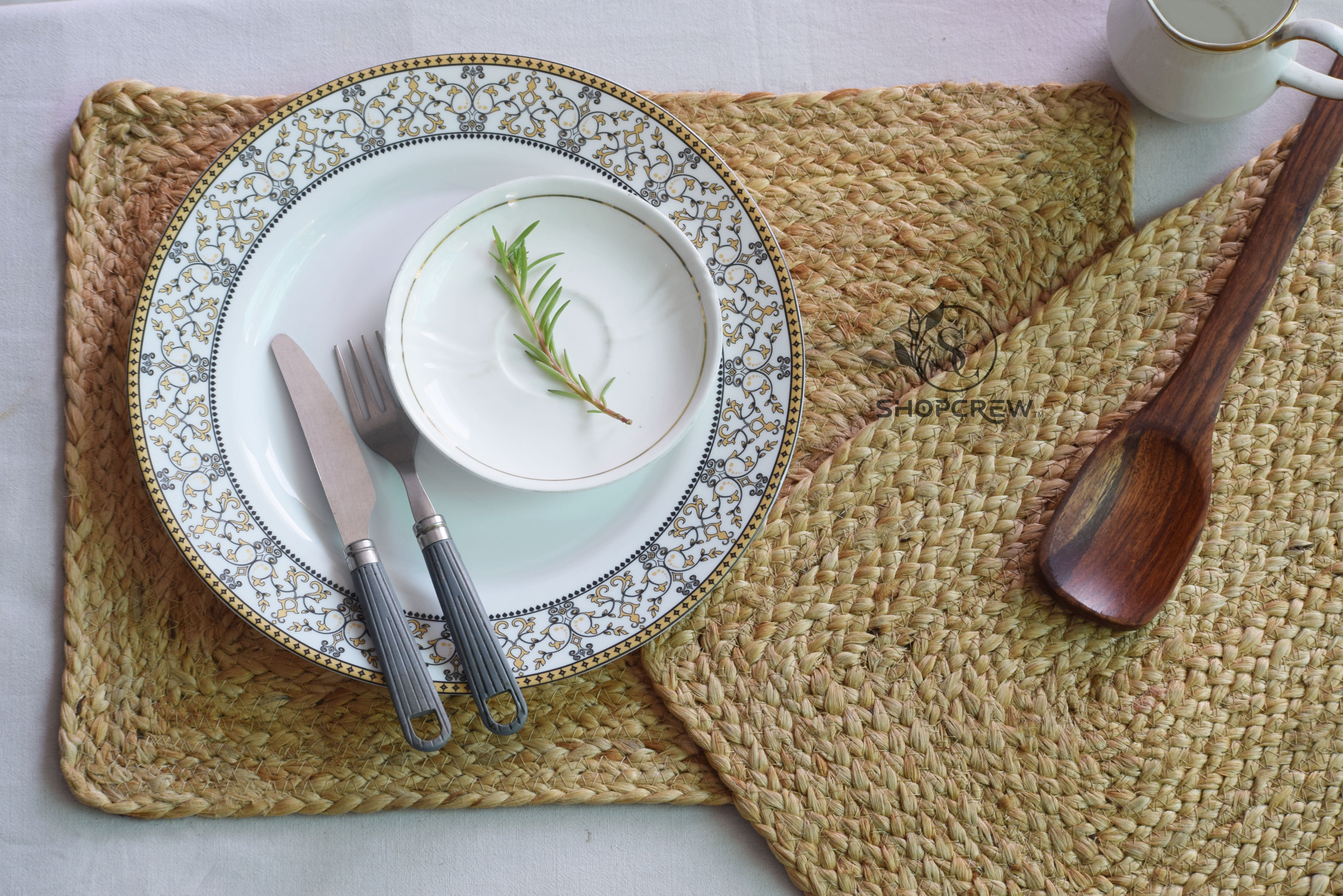 SHOPCREW Set of 2 Braided Jute Placemat - 12" x 17" - Beige Jute Table Place Mat- 100% Jute Heat Resistance Placemats Home Kitchen Dining Table Decor
