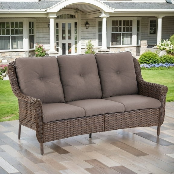 Gymojoy Patio 3-Seat Patio Wicker Couch Outdoor Rattan Sofa Furniture Steel Frame with Deep Seat, Gray