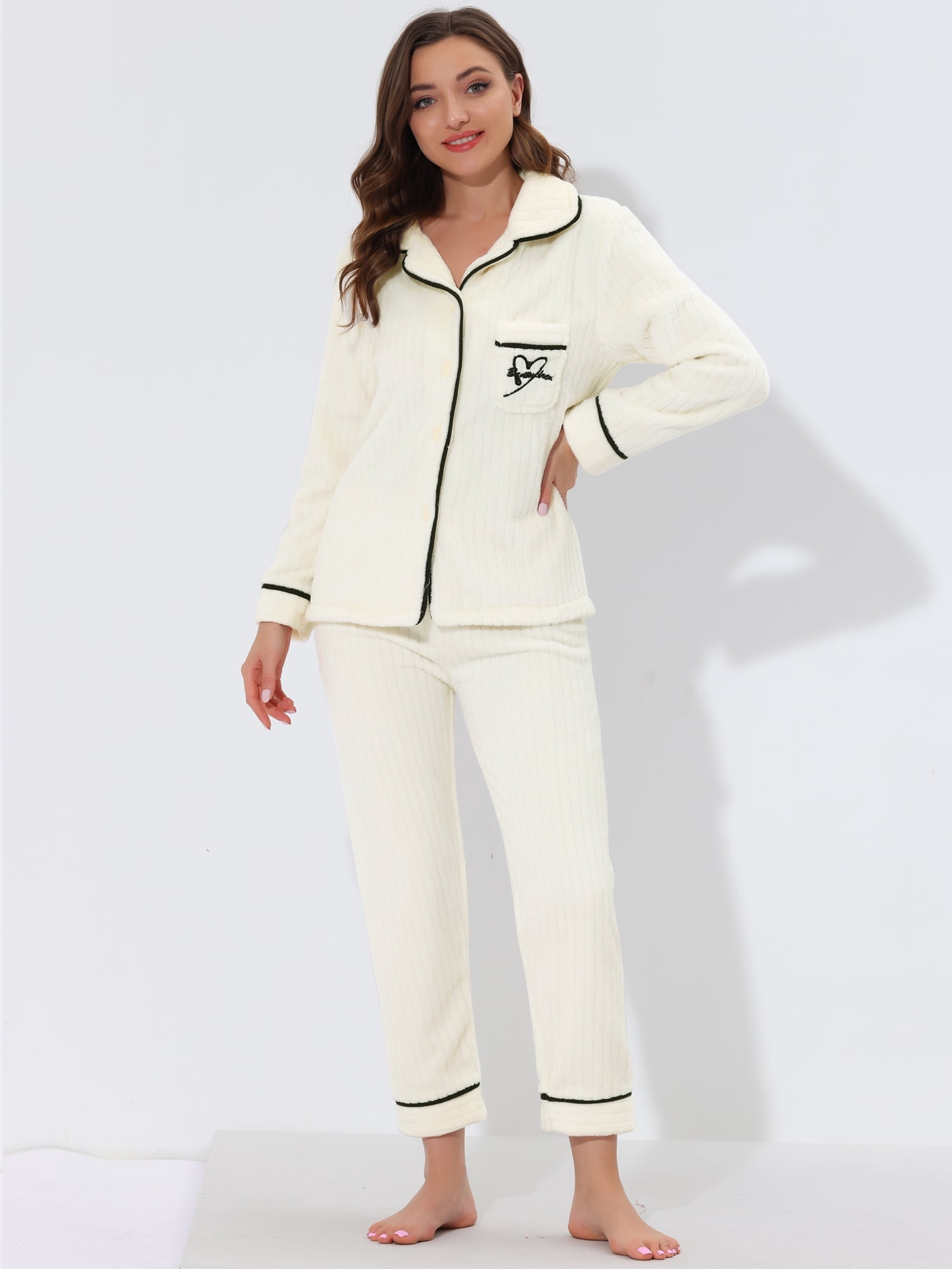 Unique Bargains Women’s Flannel Pajama Button Down Pj Lounge Sleepwear Sets