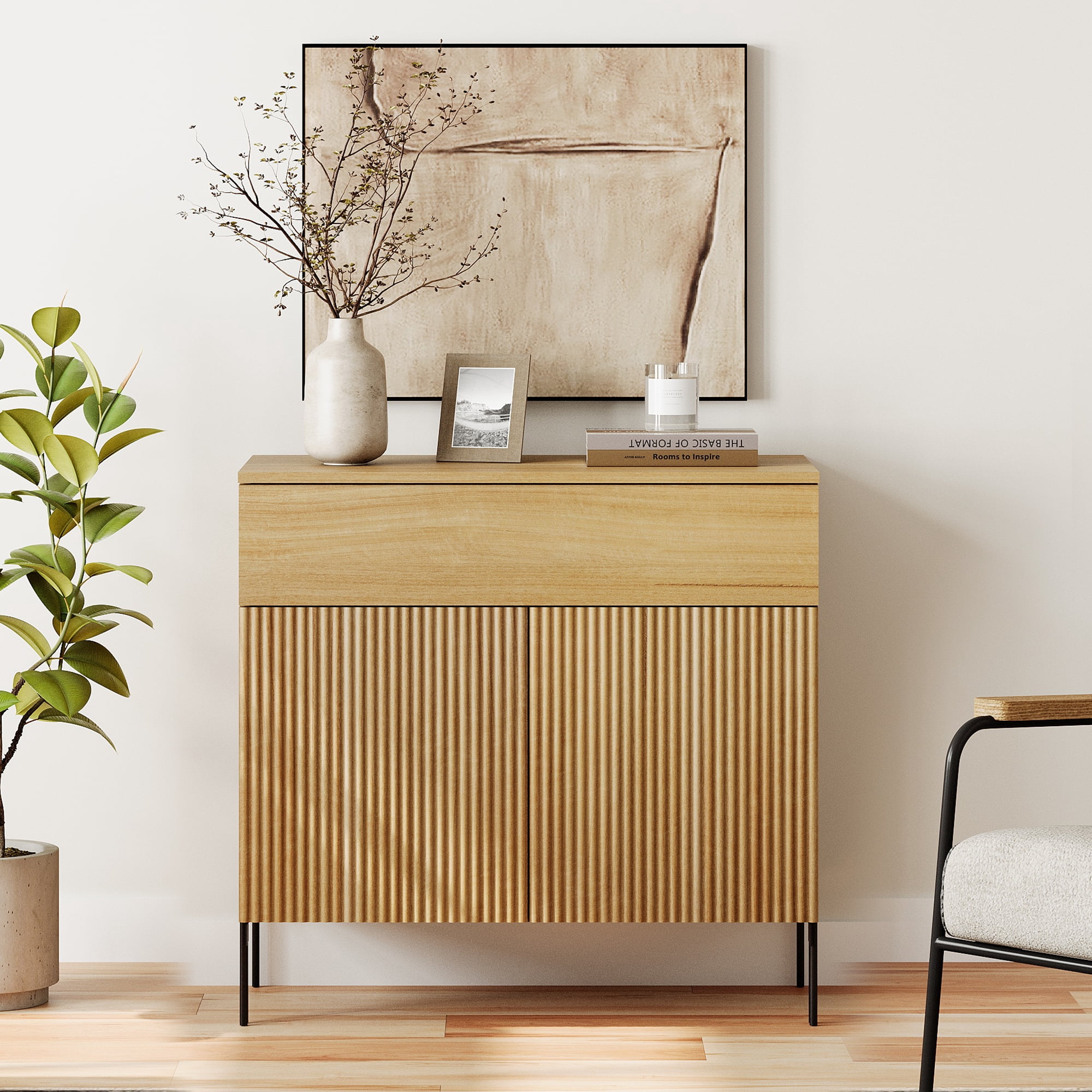 31.5" Reeded Accent Cabinet with 2 Doors and Drawer, Modern Credenza Storage Cabinet with Metal Legs for Living Room, Kitchen, Dining Room, Hallway