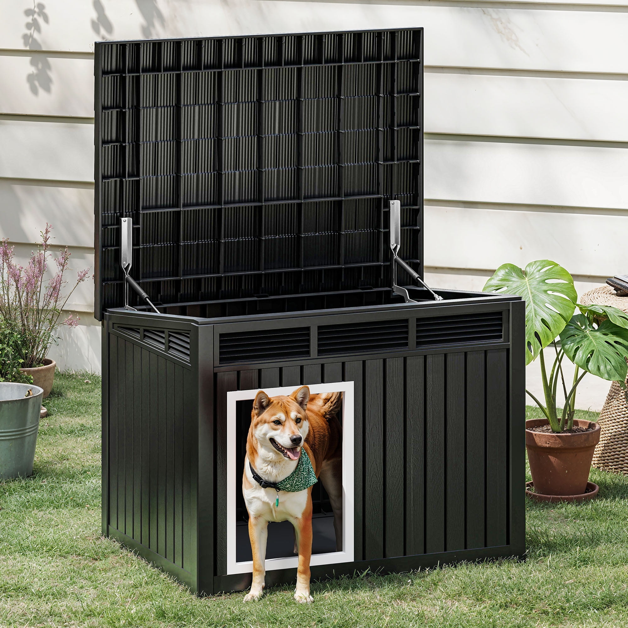 Dextrus Plastic Dog House with Lift-Up Sloping Roof,Indoor & Outdoor Dog Kennel,Waterproof & Ventilated,Black,31.9"D x 24.8"W x 24.1"H