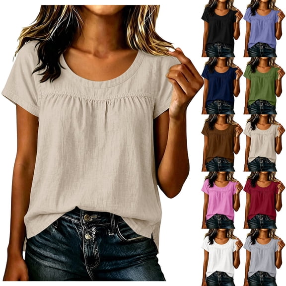VJGBEGW Women's Cotton Linen Short Sleeve Shirts Casual Loose Round Neck Gathered Front Lightweight Breathable Basic Summer Blouses Relaxed Fit Black L