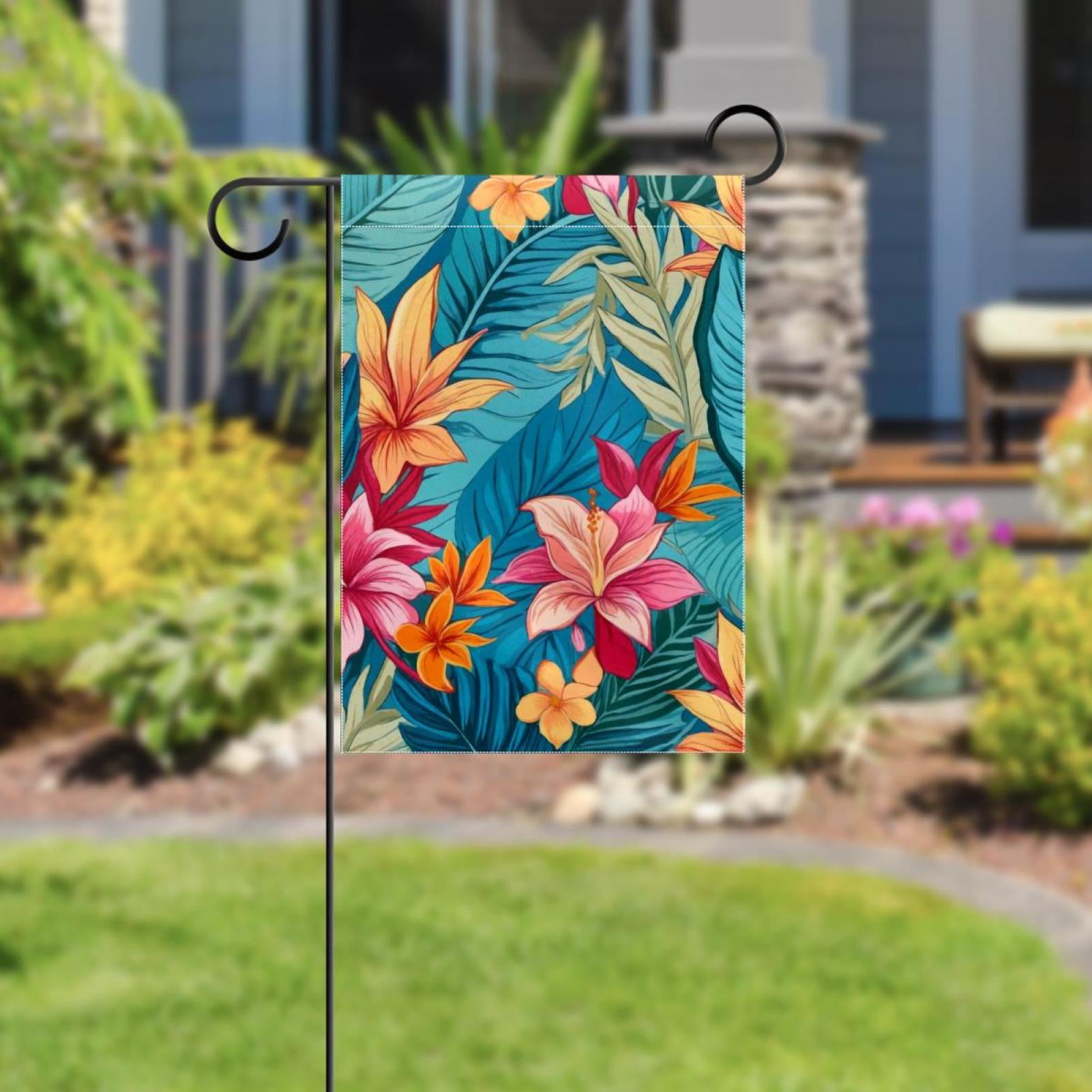 Welcome Colorful Flowers Tropical Leaves Pattern Garden Flag, Vertical Double Sided Small House Flag, Yard Farmhouse Outdoor Deck Veranda Lawn Decor 28x40 Inch