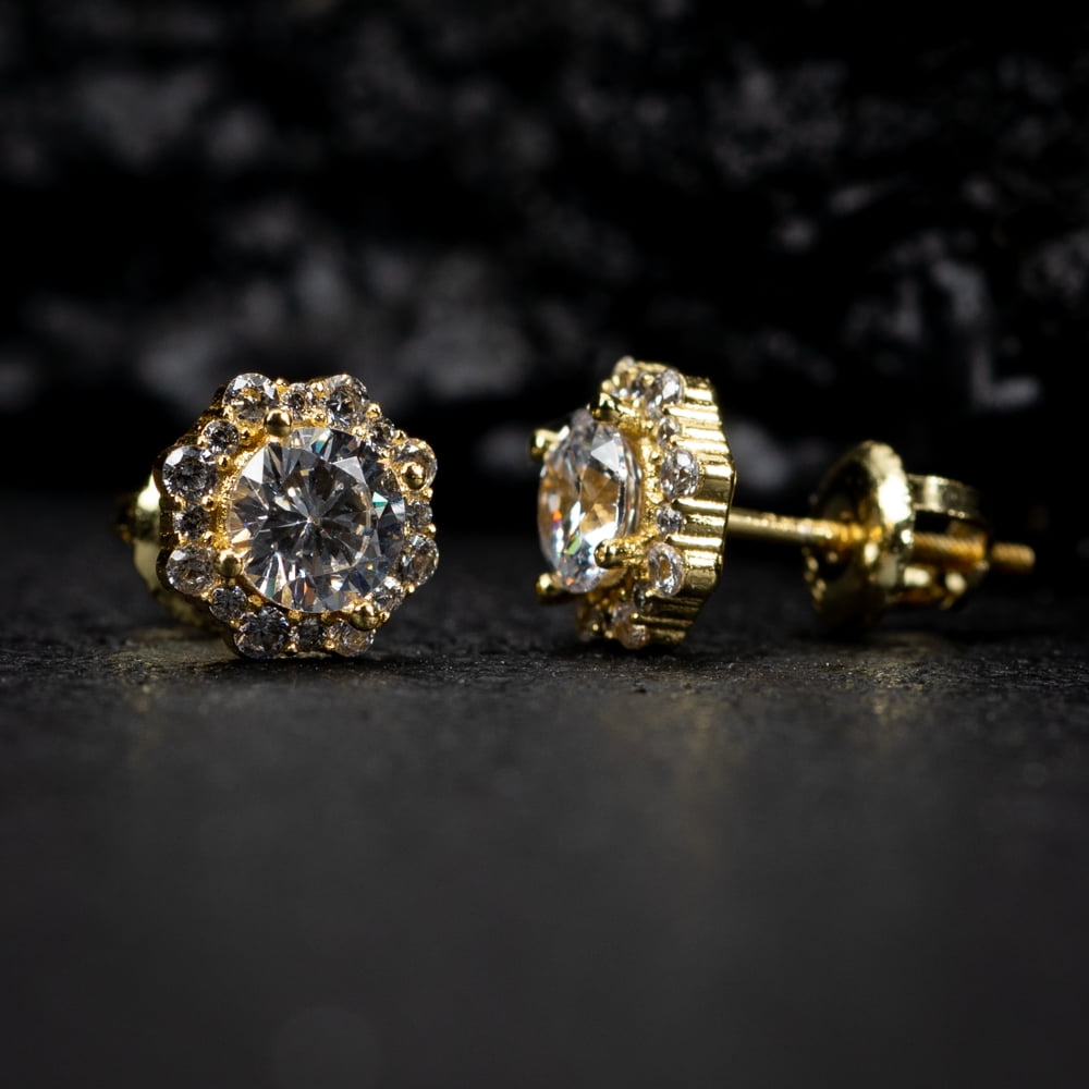 Brilliant Small 925 Sterling Silver 14K Yellow Gold Plated Flower Cluster Round Halo Unisex Iced Cz Hip Hop Hypoallergenic Men's Women's Circle Screw Back Cubic Zirconia Stud Earrings