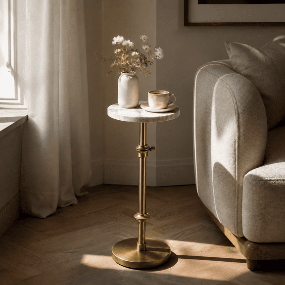 GALAPROX Natural Marble Drink End Table, Adjustable Height Antique Brass Mid Century Metal Stand Round Side Table for Living Room, Bedroom, 10"W x 10"D x 22-30"H